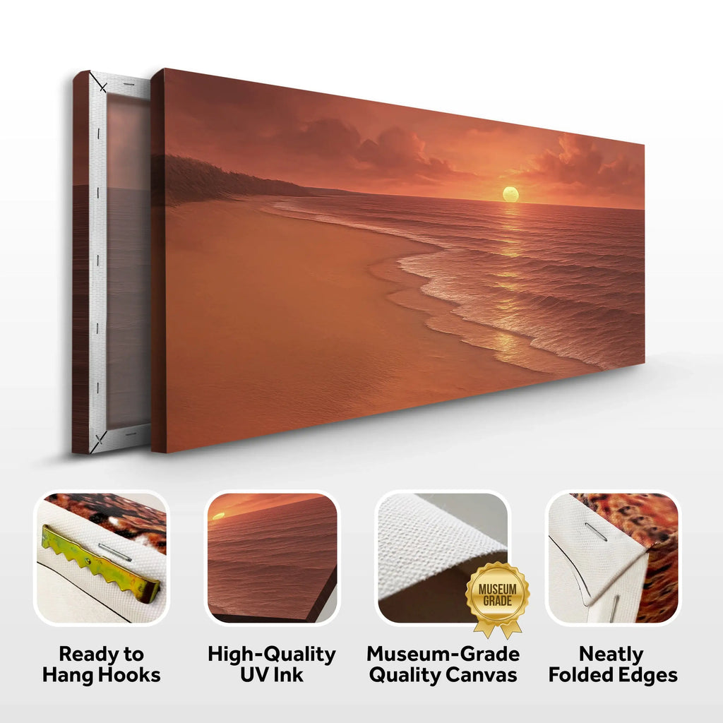 Sunset beach canvas art with warm orange tones, museum-grade quality, ready to hang