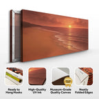 Sunset beach canvas art with warm orange tones, museum-grade quality, ready to hang