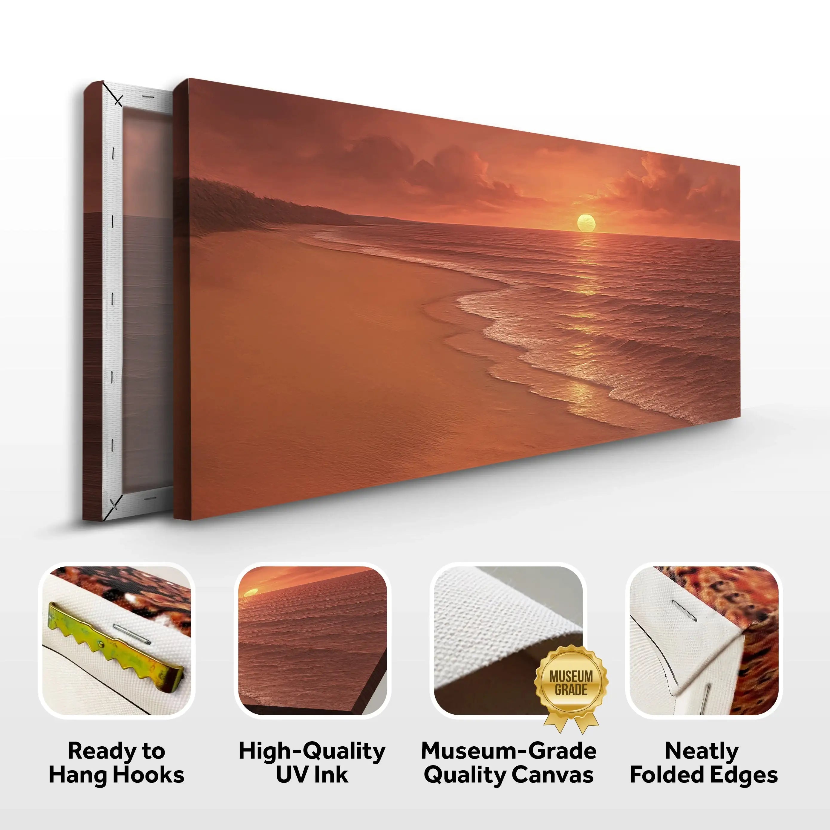 Sunset beach canvas art with warm orange tones, museum-grade quality, ready to hang