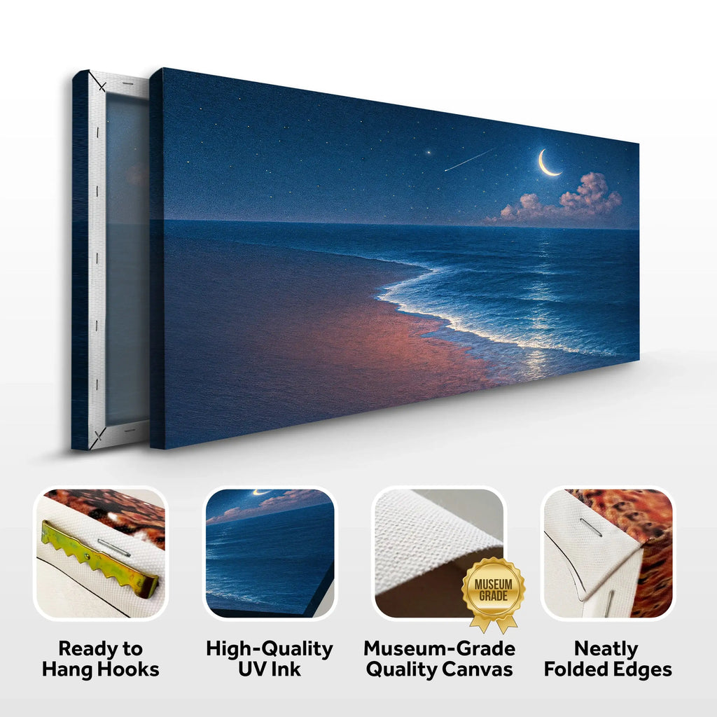 Moonlit beach canvas art with stars, waves, and crescent moon, museum-grade quality