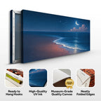 Moonlit beach canvas art with stars, waves, and crescent moon, museum-grade quality
