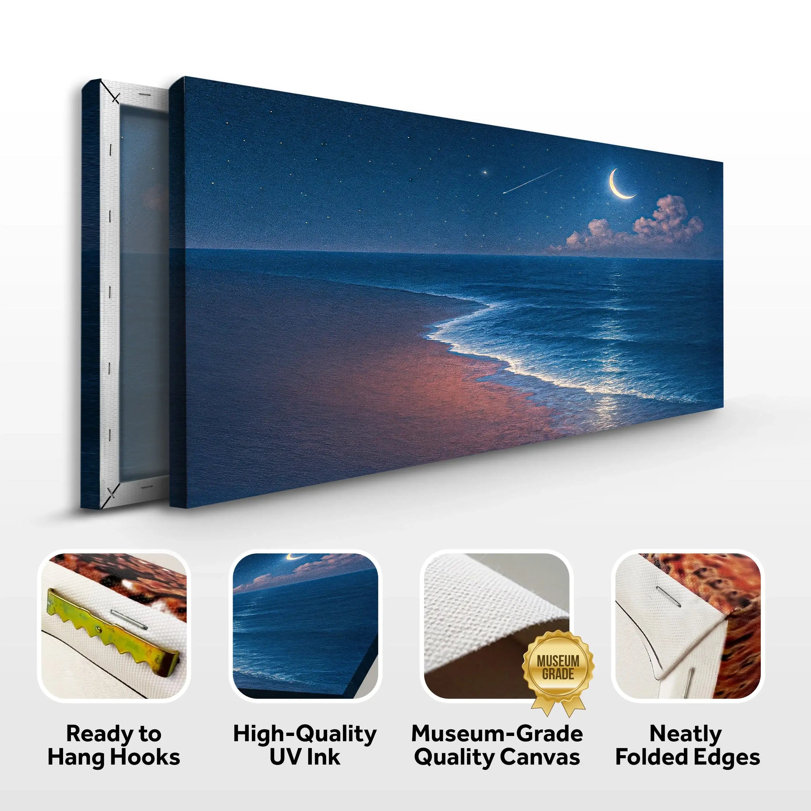 Moonlit beach canvas art with stars, waves, and crescent moon, museum-grade quality
