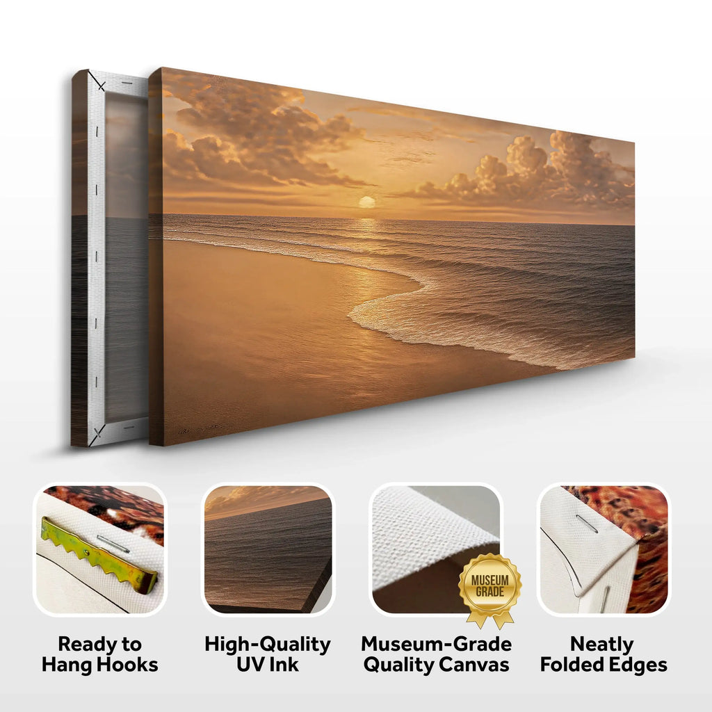 Sunset beach canvas art with golden waves, museum-grade quality, ready to hang