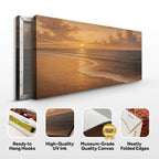 Sunset beach canvas art with golden waves, museum-grade quality, ready to hang
