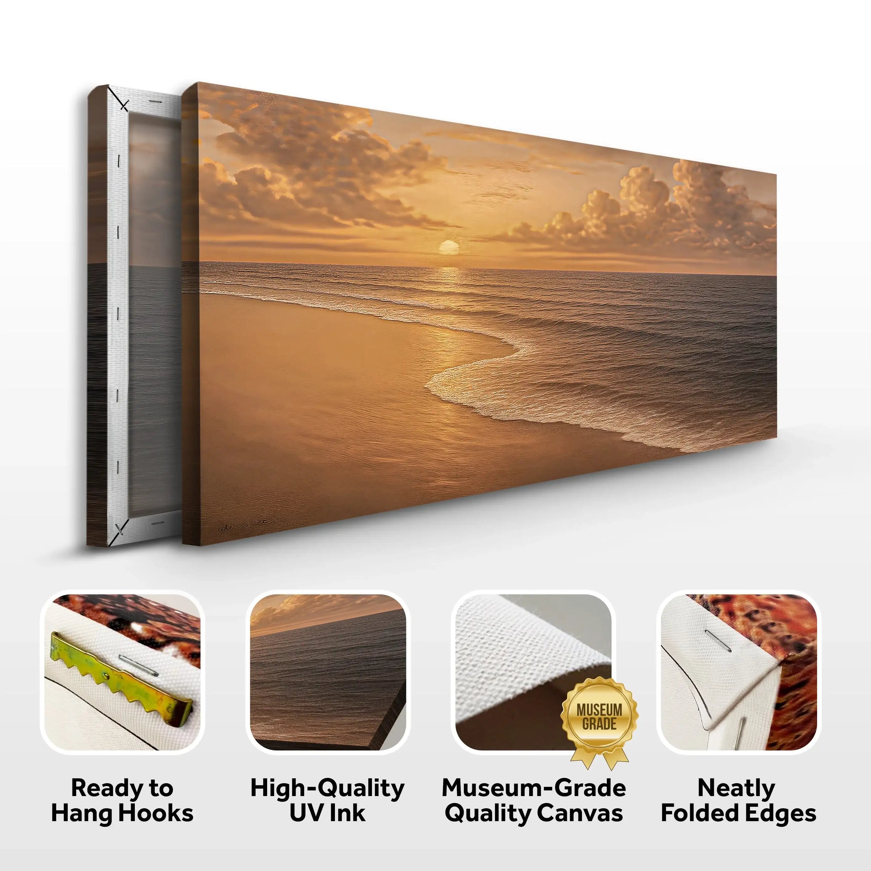 Sunset beach canvas art with golden waves, museum-grade quality, ready to hang