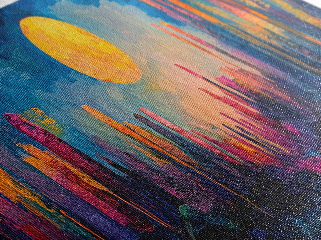 Neon Moon Fantasy Canvas Print - Vibrant Sci-Fi Cityscape Painting
