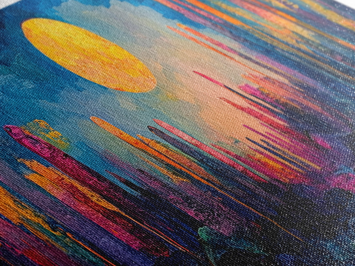 Neon Moon Fantasy Canvas Print - Vibrant Sci-Fi Cityscape Painting