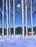 Winter forest painting with snow-covered trees, moonlit sky, and cozy red cabins for home wall art
