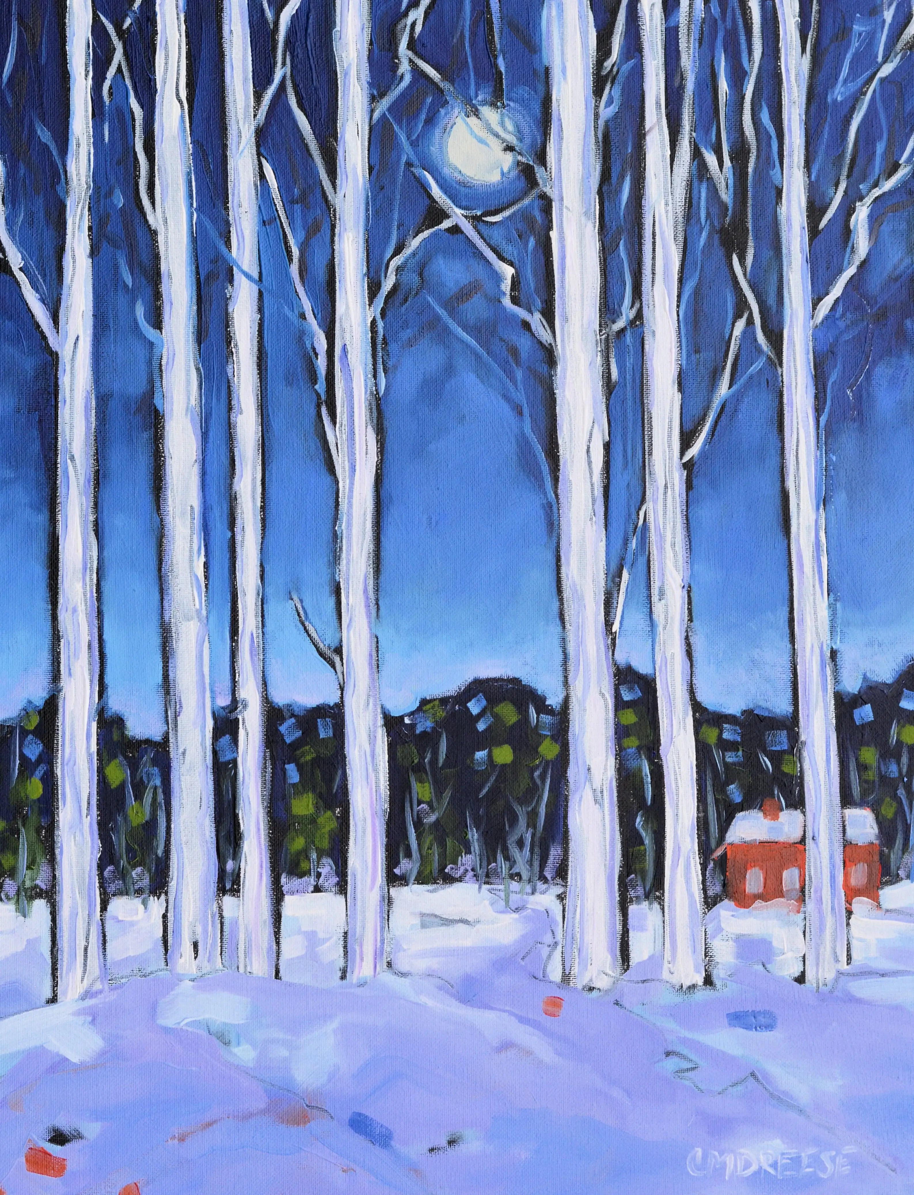 Winter forest painting with snow-covered trees, moonlit sky, and cozy red cabins for home wall art