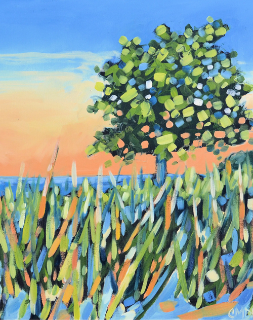 Vibrant abstract landscape painting with lush green tree, blue sky, and colorful grass, perfect for home wall art.
