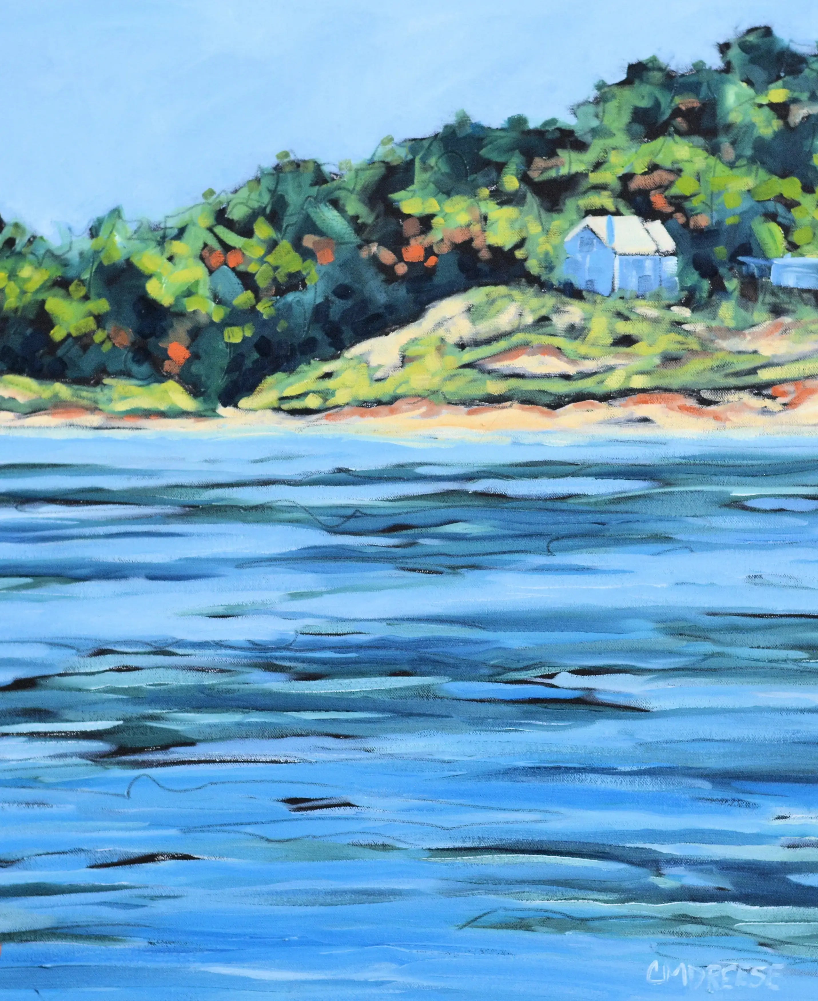 Coastal landscape painting with blue water, green hills, and a white cottage, perfect for home wall art.