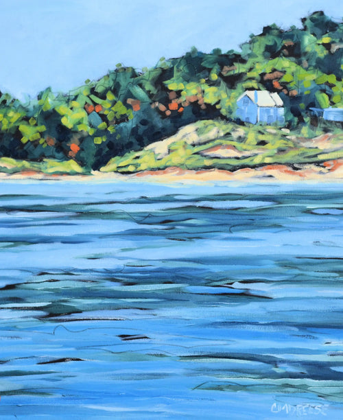 Coastal landscape painting with blue water, green hills, and a white cottage, perfect for home wall art.