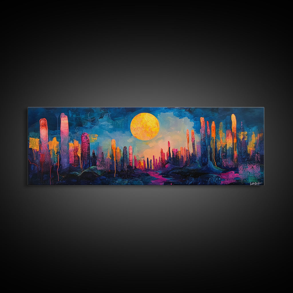 Neon Moon Fantasy Canvas Print - Vibrant Sci-Fi Cityscape Painting