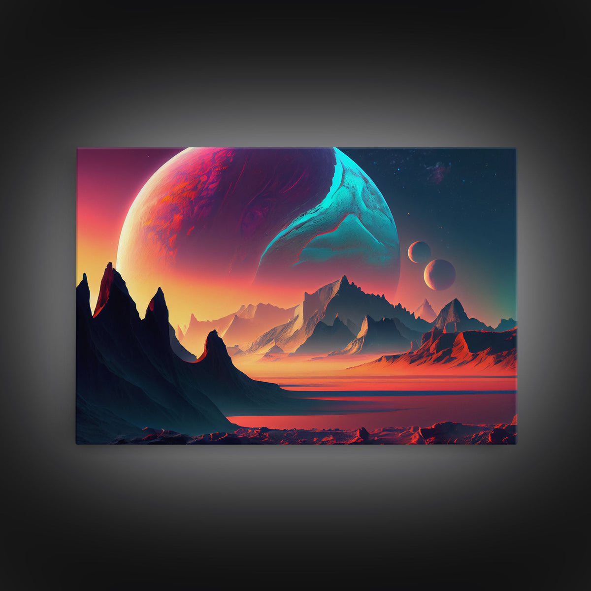 Three-Moon Fantasy World - Retro Style Sci-Fi Art - Alien Landscape with Multiple Moons