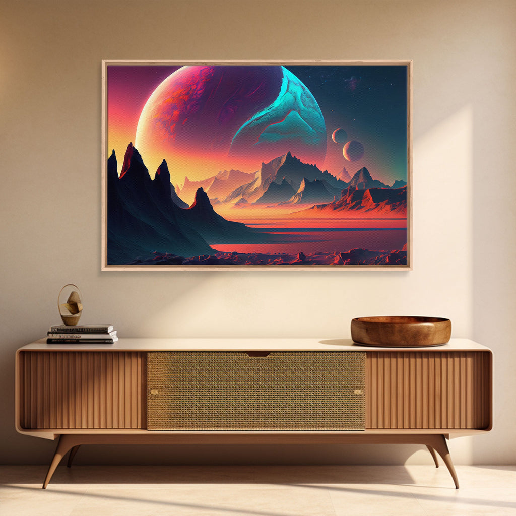 Three-Moon Fantasy World - Retro Style Sci-Fi Art - Alien Landscape with Multiple Moons