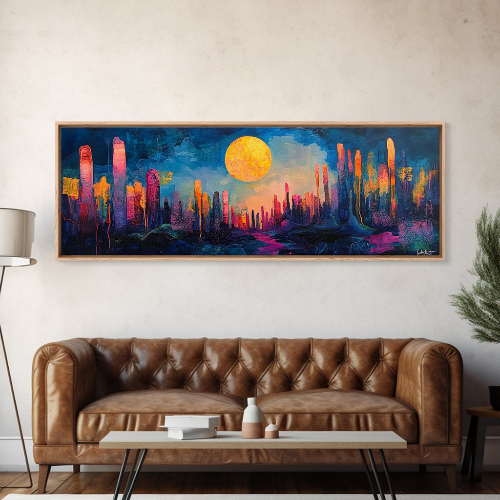 Neon Moon Fantasy Canvas Print - Vibrant Sci-Fi Cityscape Painting
