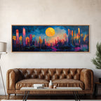 Neon Moon Fantasy Canvas Print - Vibrant Sci-Fi Cityscape Painting