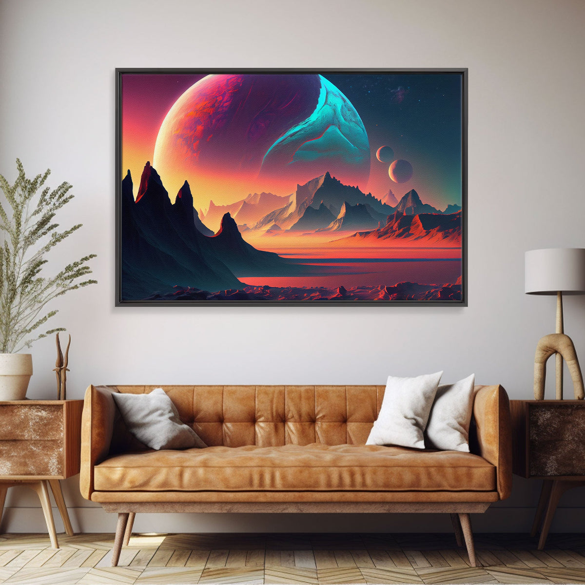 Three-Moon Fantasy World - Retro Style Sci-Fi Art - Alien Landscape with Multiple Moons