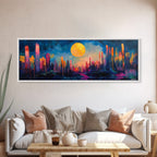Neon Moon Fantasy Canvas Print - Vibrant Sci-Fi Cityscape Painting