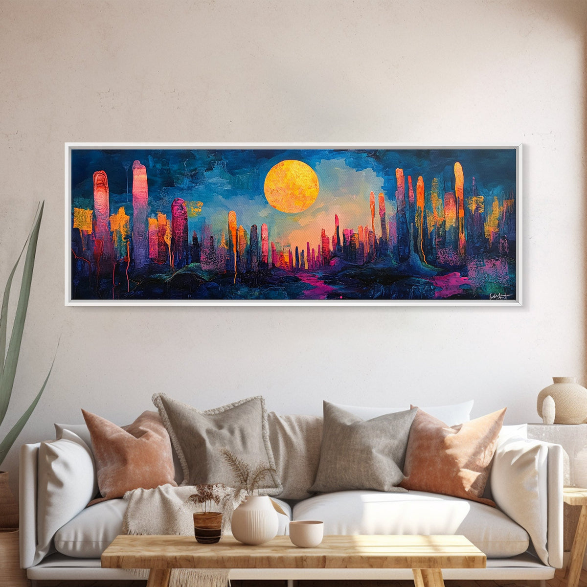 Neon Moon Fantasy Canvas Print - Vibrant Sci-Fi Cityscape Painting