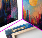 Neon Moon Fantasy Canvas Print - Vibrant Sci-Fi Cityscape Painting