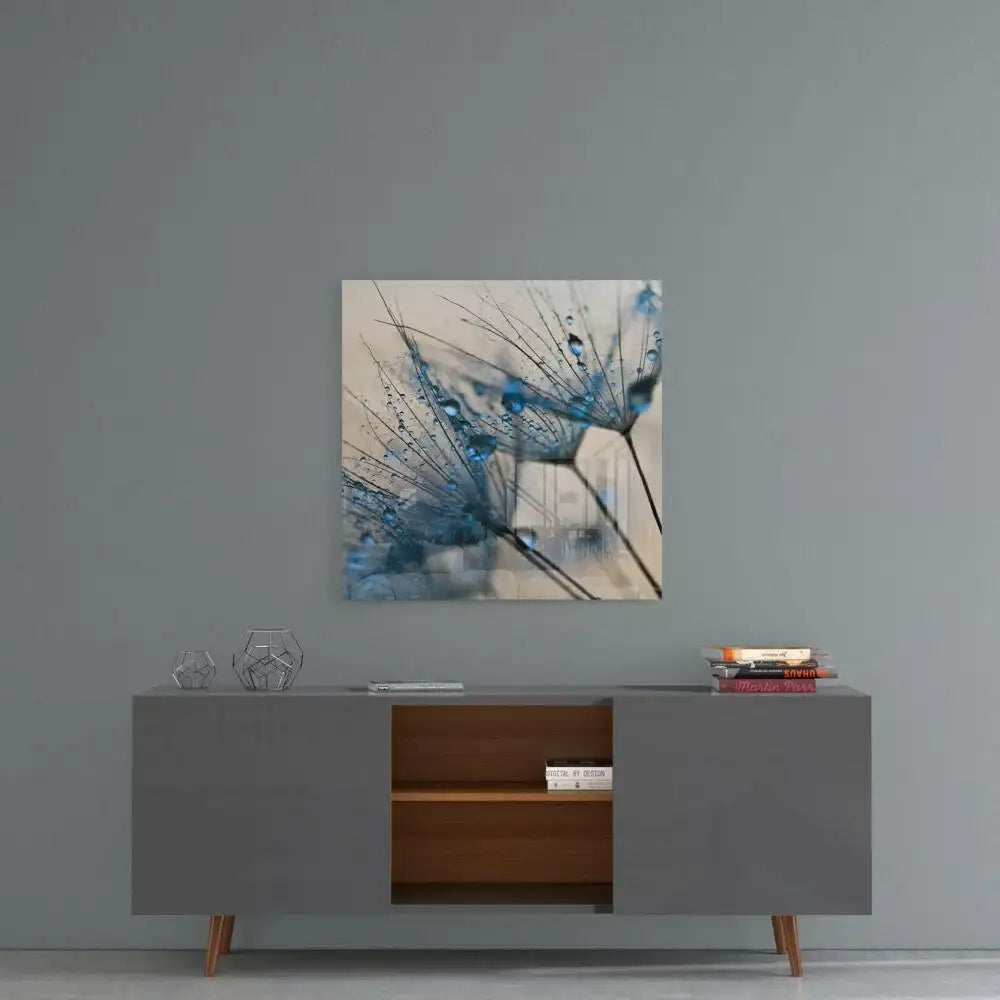 Blue abstract dandelion art with water droplets, modern wall decor for living space
