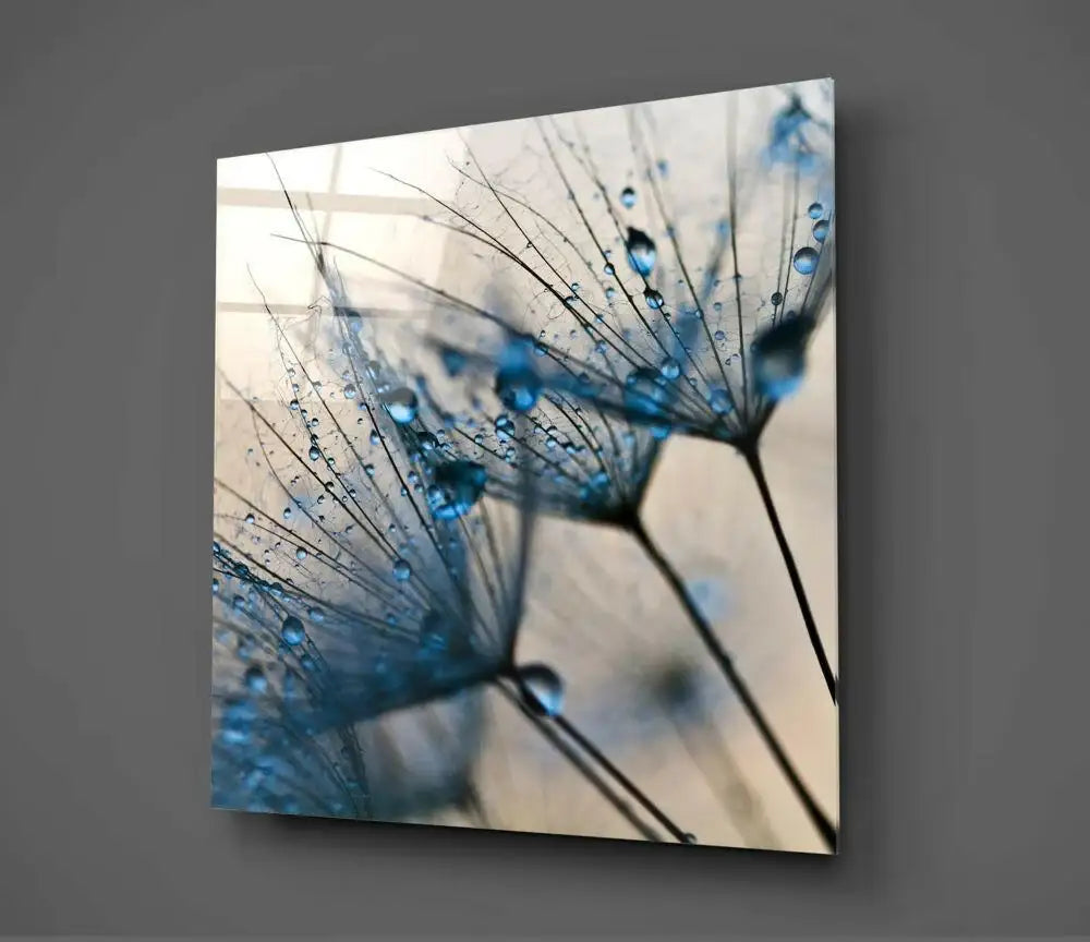 Blue dandelion seeds with dewdrops, abstract wall art for home decor