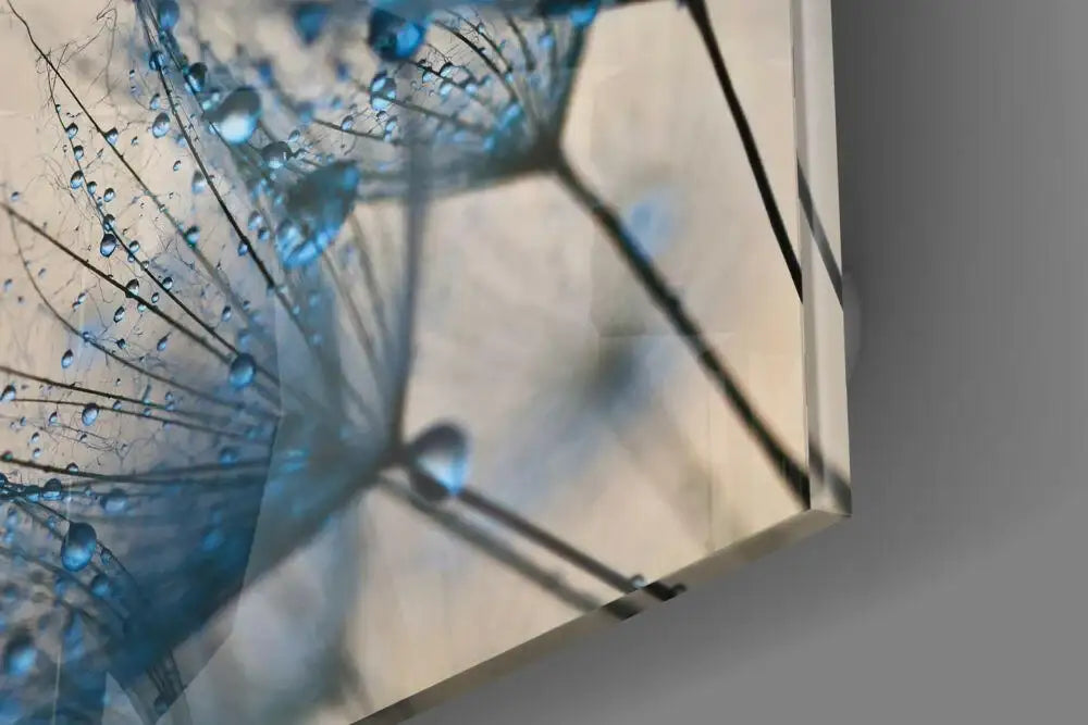Blue dandelion seeds with dewdrops, abstract wall art for modern home decor