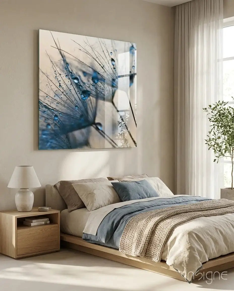 Blue abstract dandelion wall art for modern bedroom decor