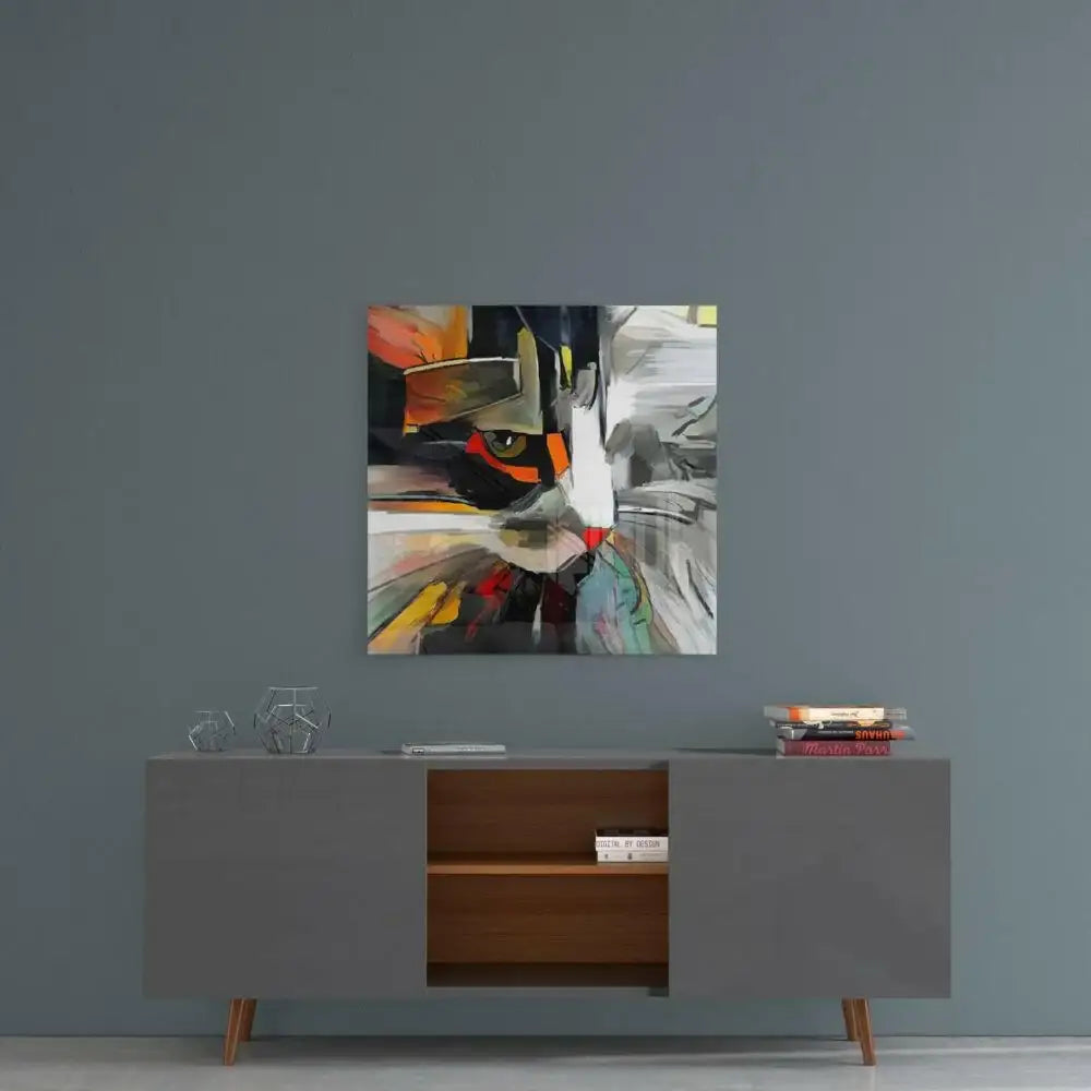 Abstract cat painting with bold colors, modern wall art for living room decor