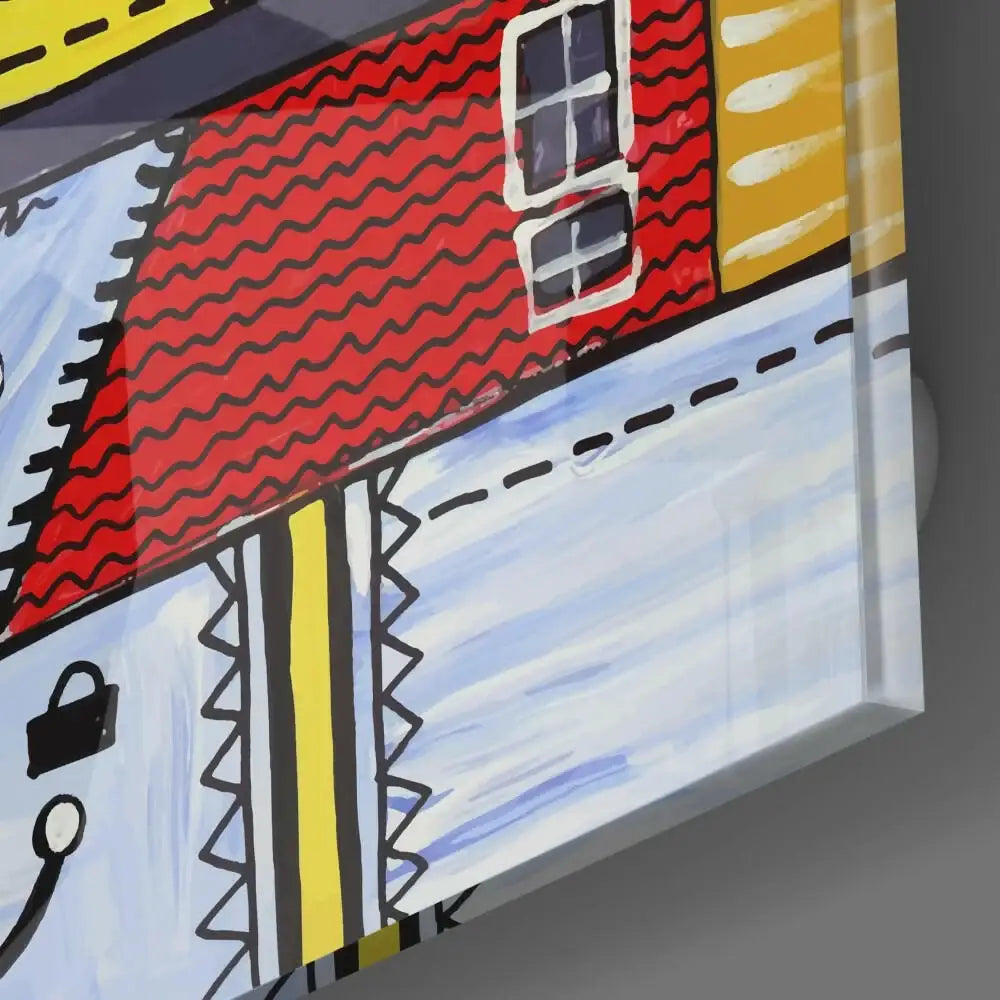 Colorful abstract house art with red roof and yellow accents for home decor