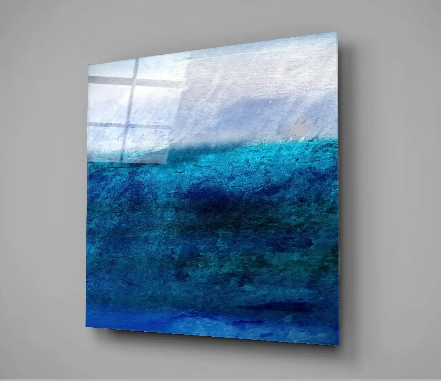 Abstract blue ocean wall art with textured waves and window reflection, perfect for modern living spaces.