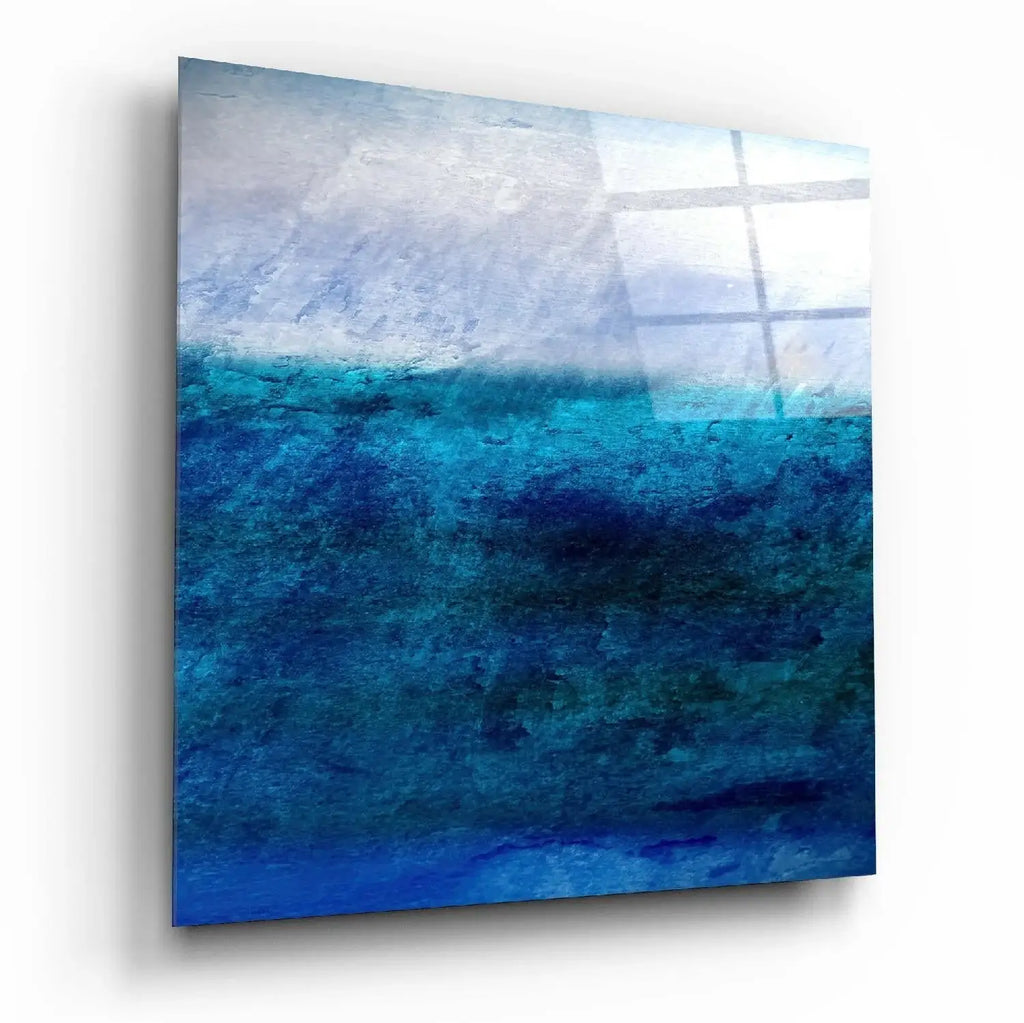 Abstract blue ocean wall art with textured waves and window reflection, modern home decor