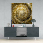 Golden abstract art with radiant burst pattern, modern living room decor