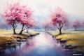 Blossoms River Watercolor Sukkah Mural