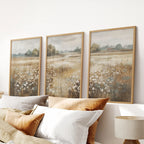 Neutral Floral Field Art Set of 3. Rustic Landscape