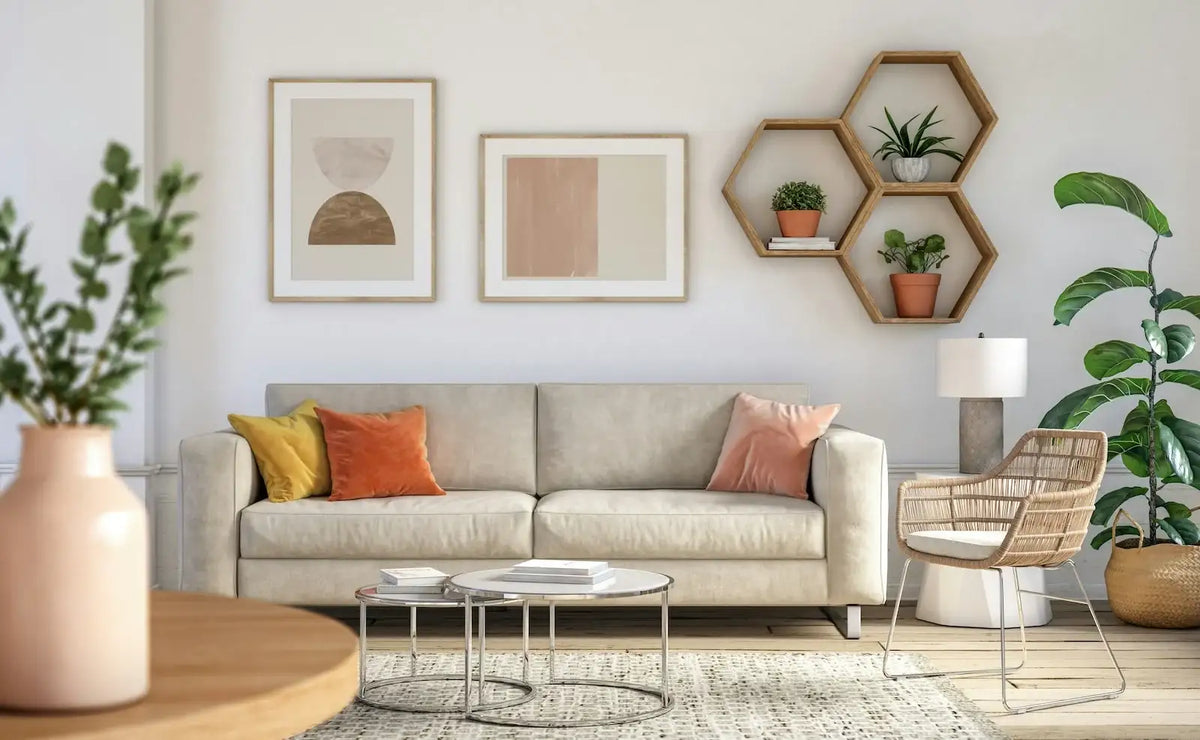 Modern living room with abstract wall art, cozy sofa, and hexagonal shelves for home decor