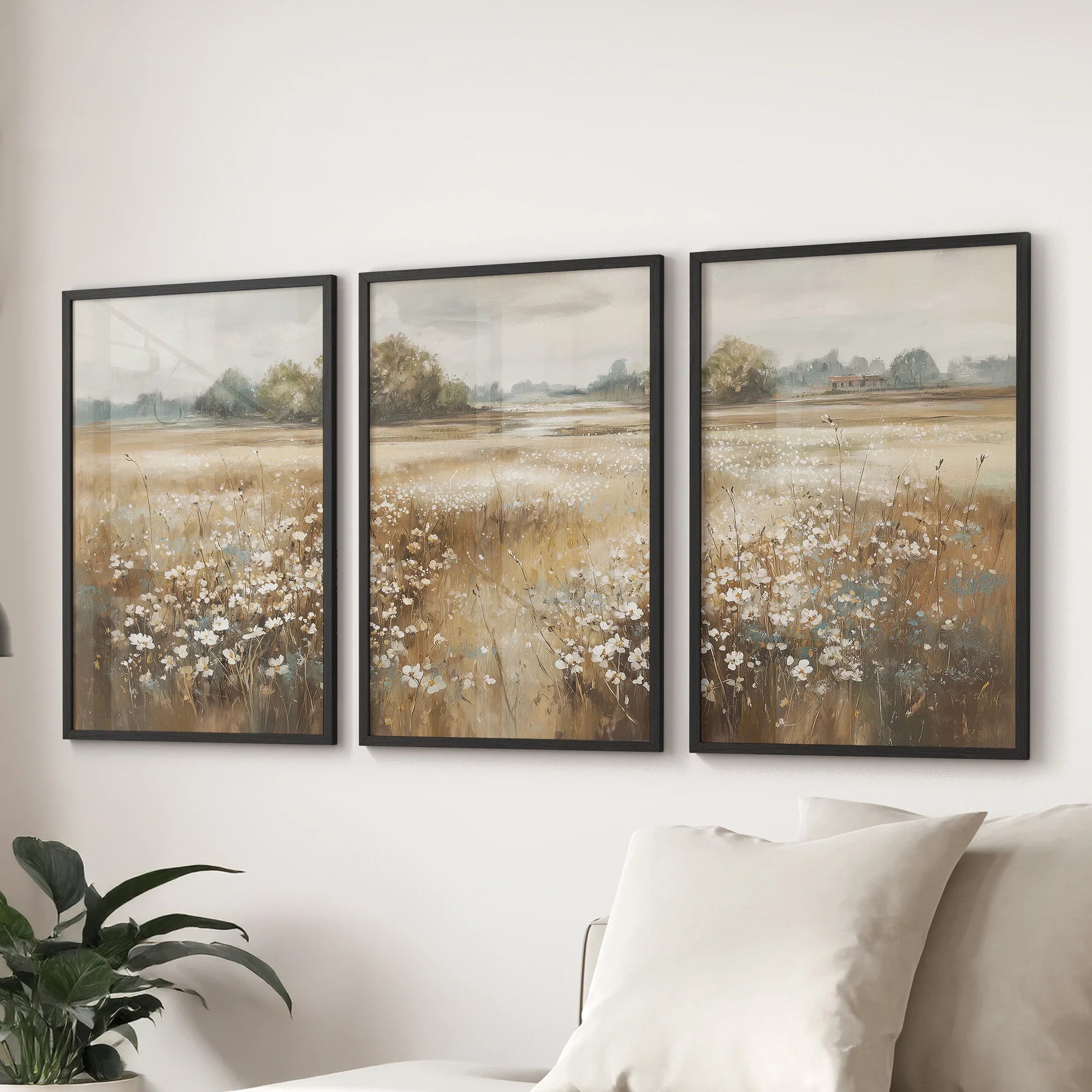 Neutral Floral Field Art Set of 3. Rustic Landscape