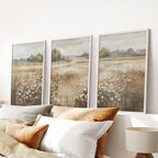 Neutral Floral Field Art Set of 3. Rustic Landscape
