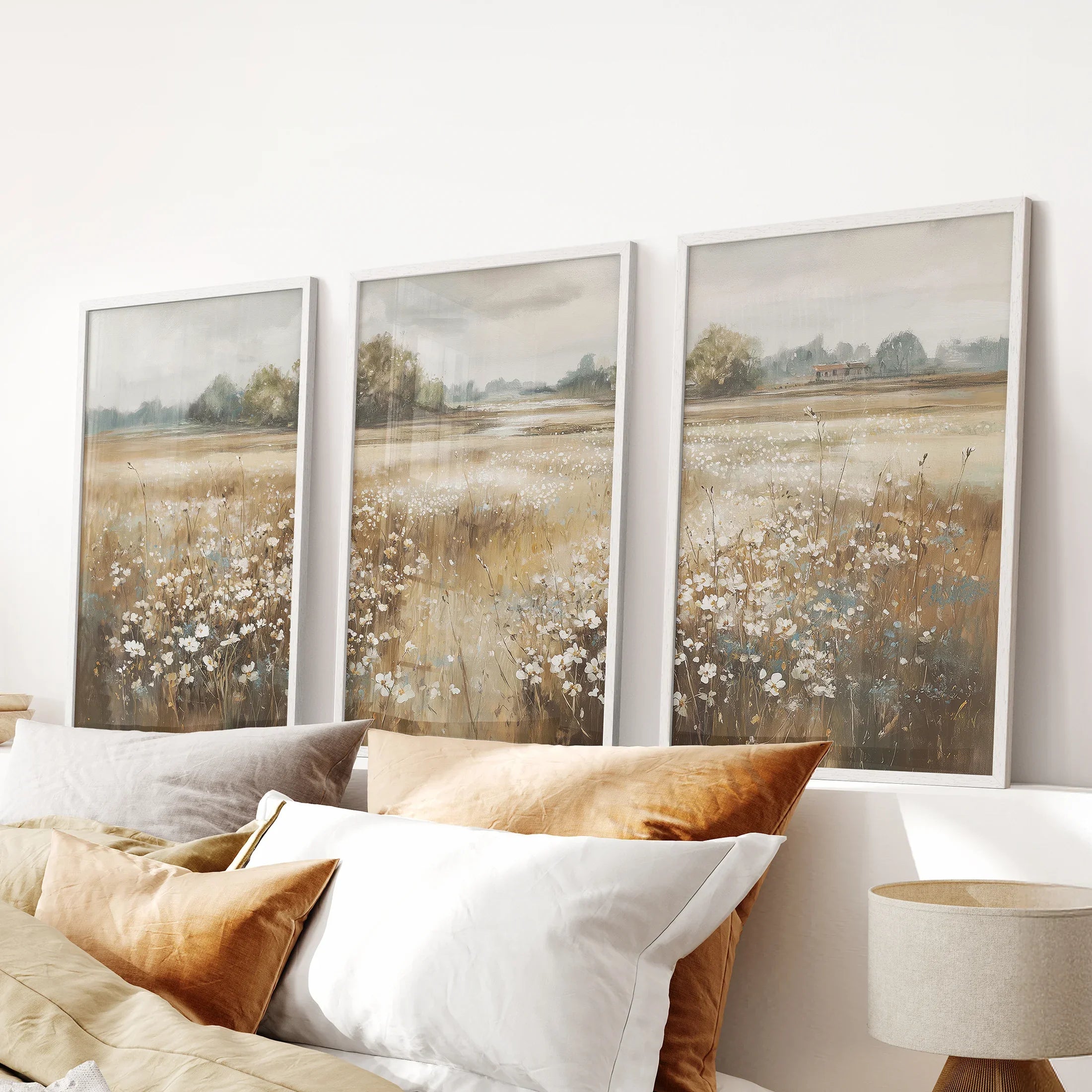 Neutral Floral Field Art Set of 3. Rustic Landscape