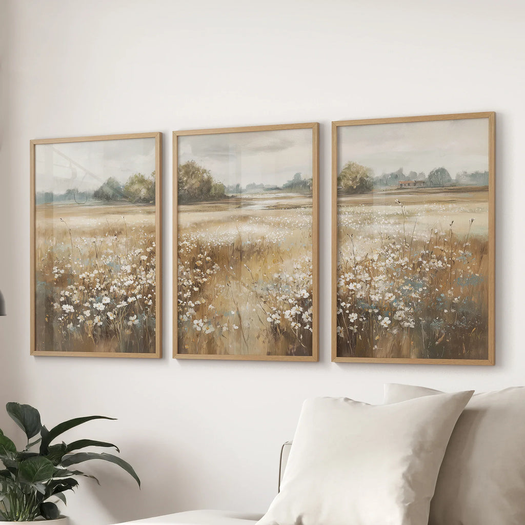 Neutral Floral Field Art Set of 3. Rustic Landscape