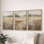 Neutral Floral Field Art Set of 3. Rustic Landscape