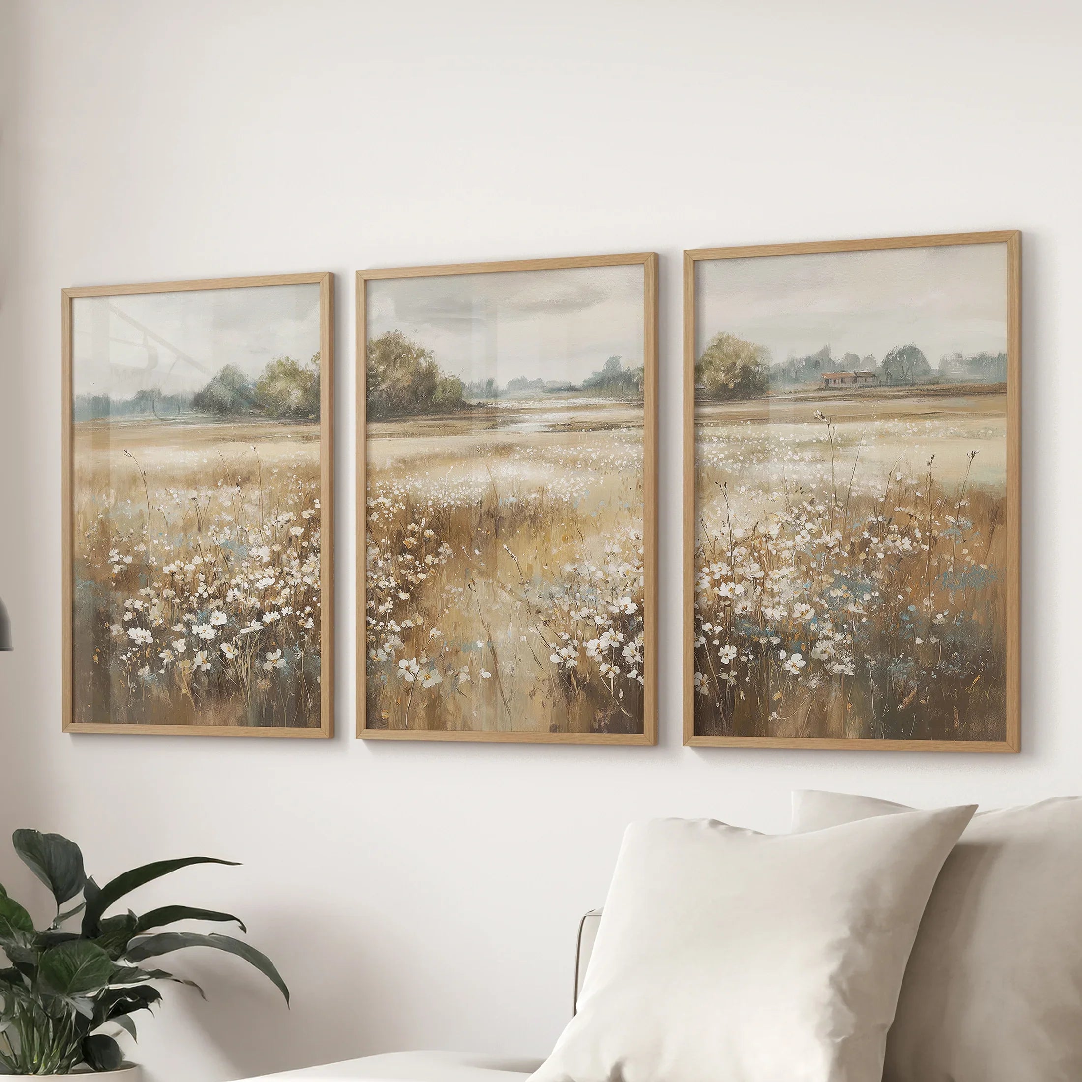 Neutral Floral Field Art Set of 3. Rustic Landscape