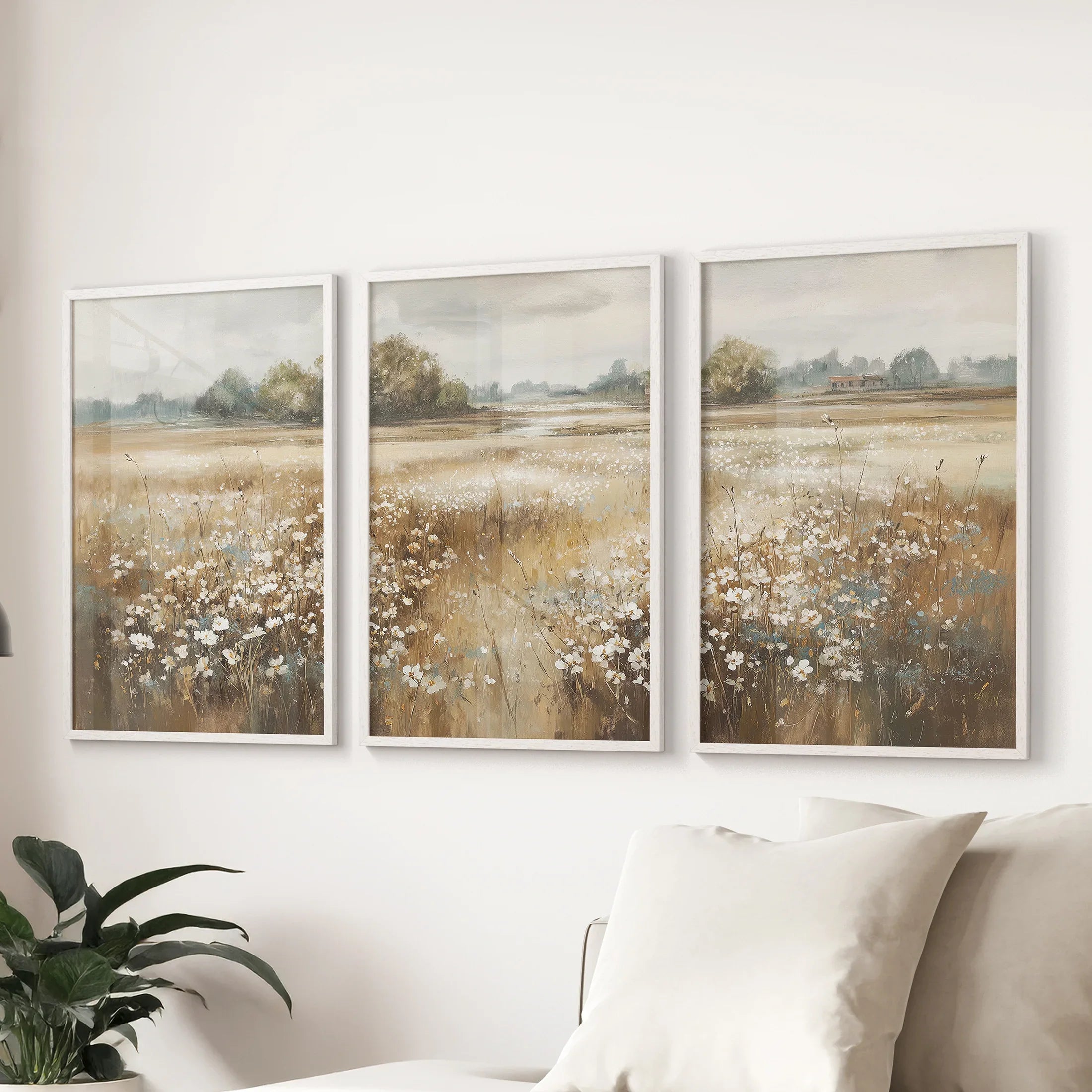 Neutral Floral Field Art Set of 3. Rustic Landscape
