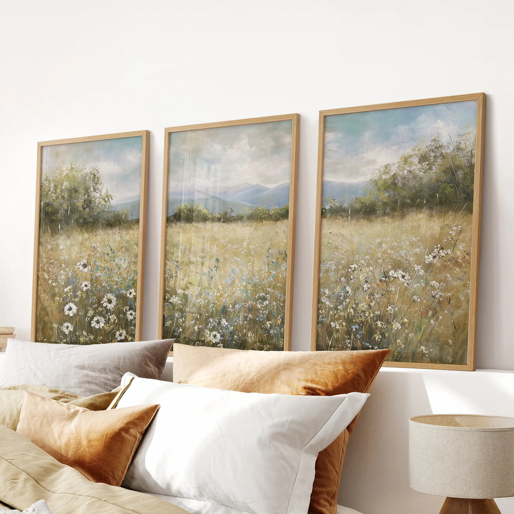 Neutral Meadow Wildflowers Wall Art. Set of 3 Nature Prints